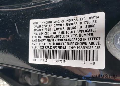 2014 Honda Civic Ex from USA, damaged, VIN 19XFB2F82EE276014